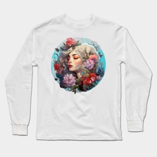 Beautiful girl surrounded by flowers Long Sleeve T-Shirt